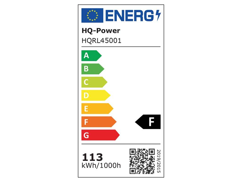Energieetikett für HQ-Power HQRL45001, Klasse F, mit 113 kWh/1000h. Skala von A bis G, wobei A die höchste Effizienz darstellt. Enthält die EU-Flagge.