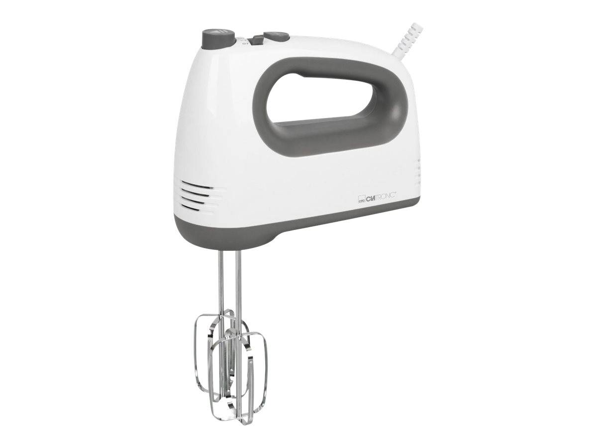 Ein weiß-grauer elektrischer Handmixer mit zwei Metall-Quirlen.