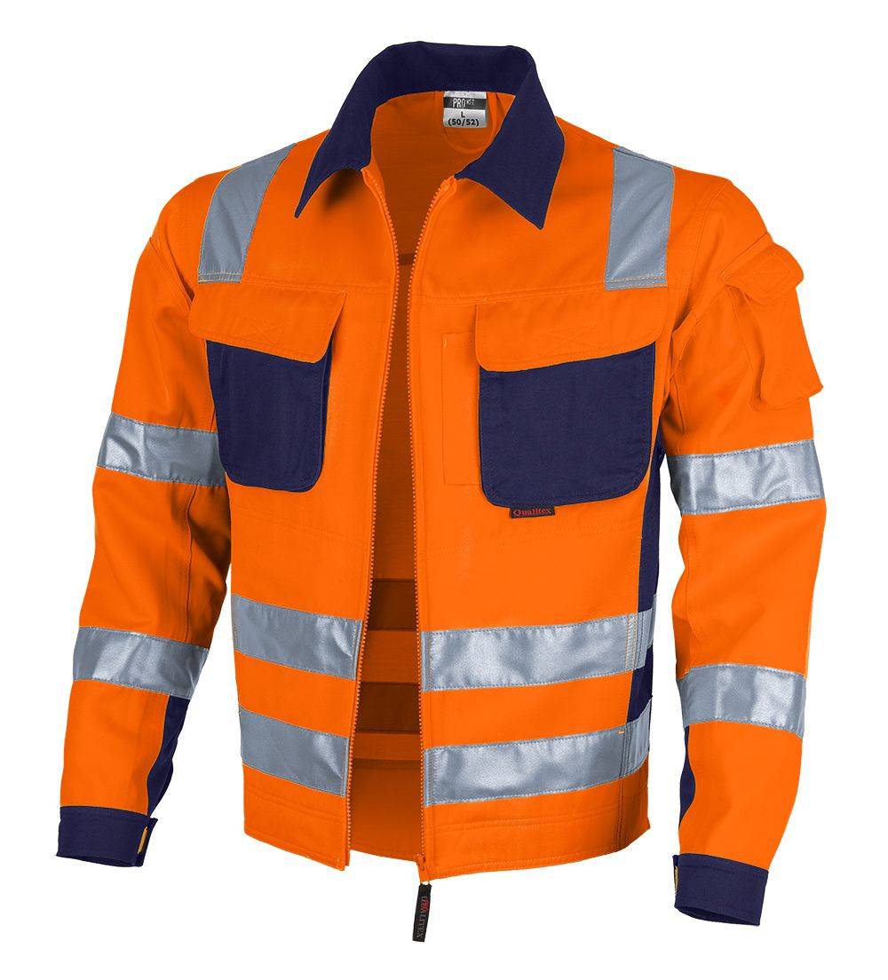 Eine leuchtend orange Warnschutzjacke mit reflektierenden silbernen Streifen an den Ärmeln und am Torso, versehen mit dunkelblauen Taschenklappen und Kragen.