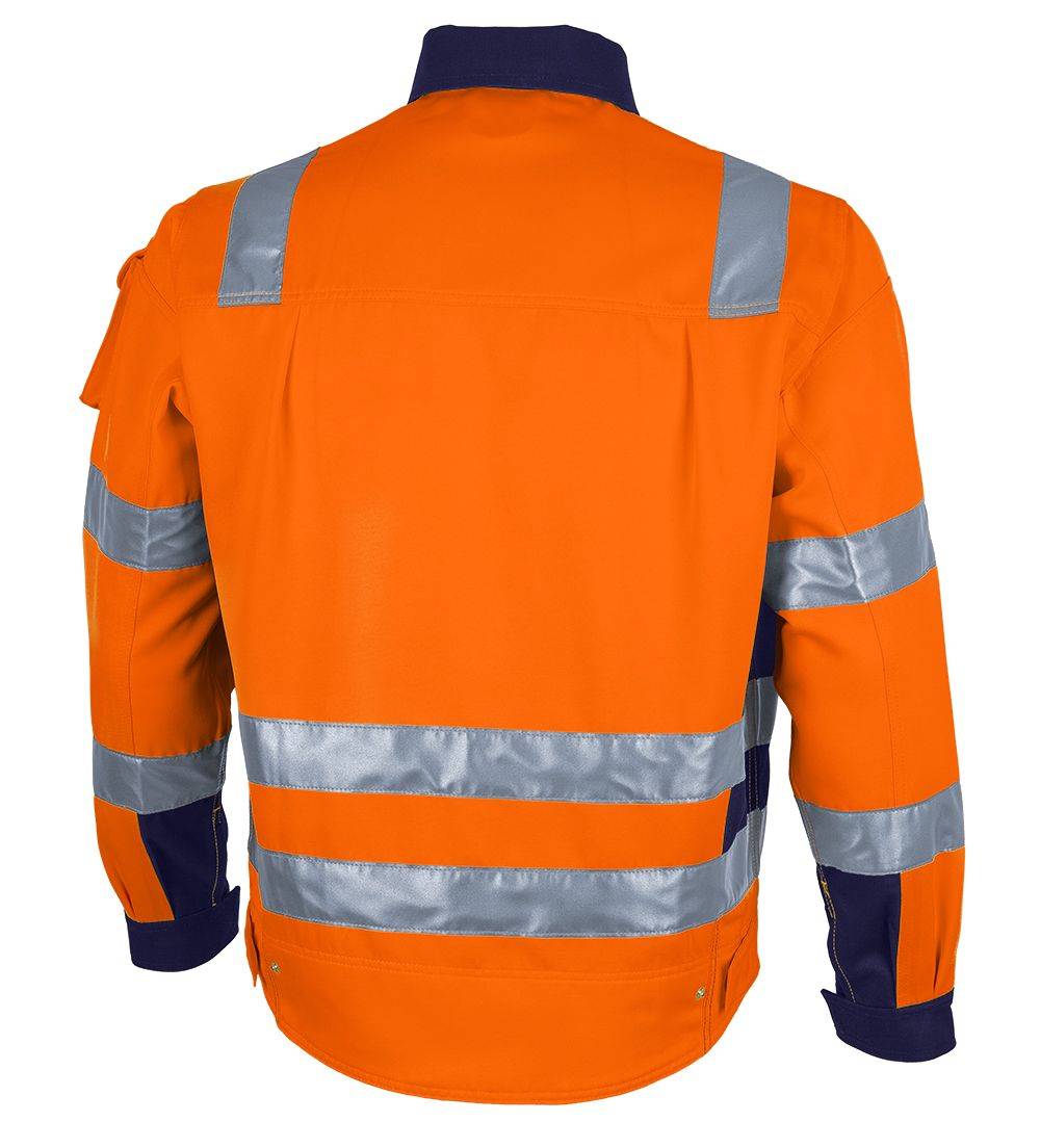 Warnschutz-Sicherheitsjacke in signalorange mit reflektierenden silbernen Streifen und marineblau abgesetzten Ärmeln und Kragen, von hinten betrachtet.