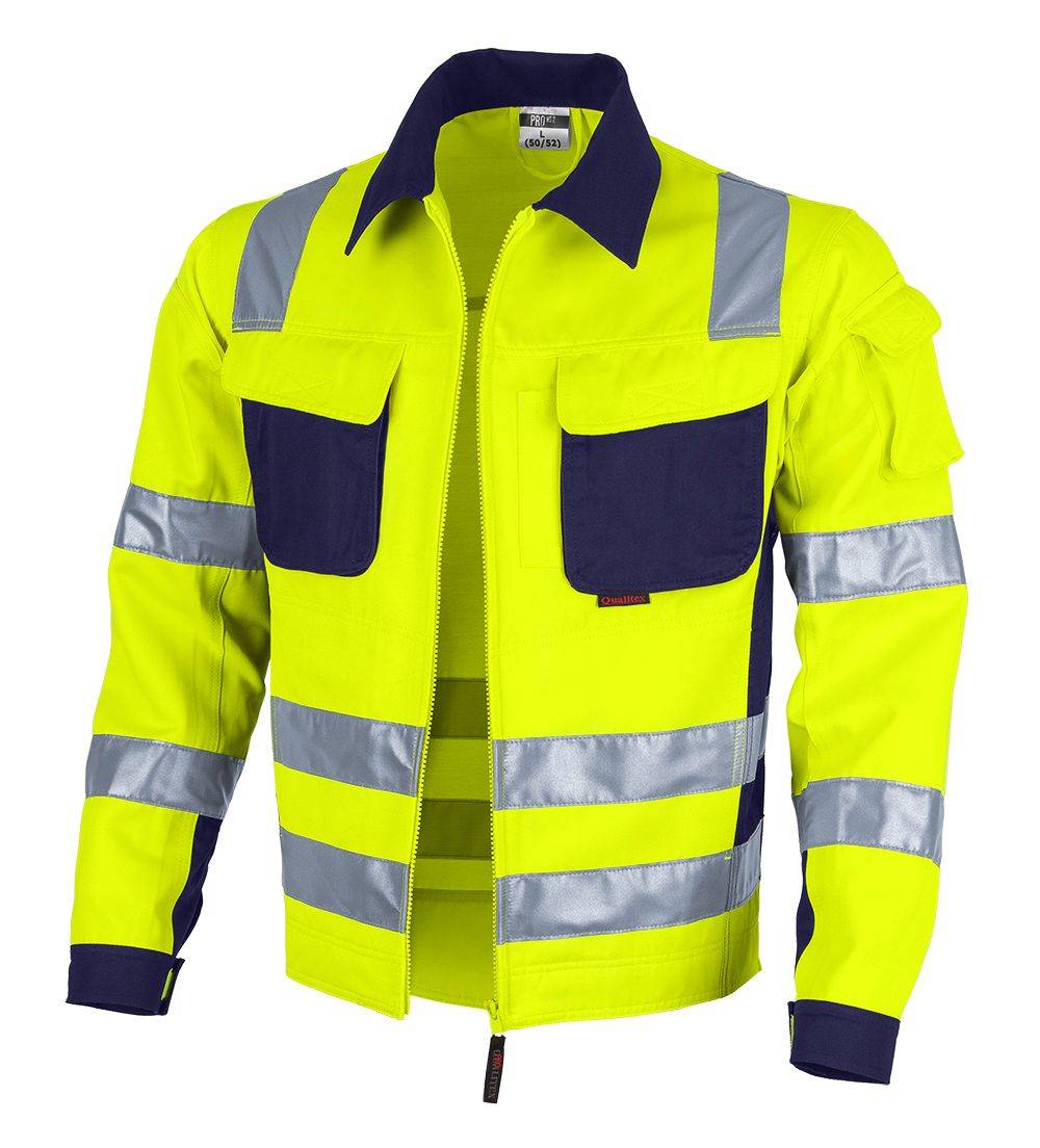 Eine leuchtend gelbe und dunkelblau gehaltene Warnschutzjacke mit Reflektionsstreifen, entwickelt für die Sicherheit in schlecht beleuchteten oder gefährlichen Umgebungen.