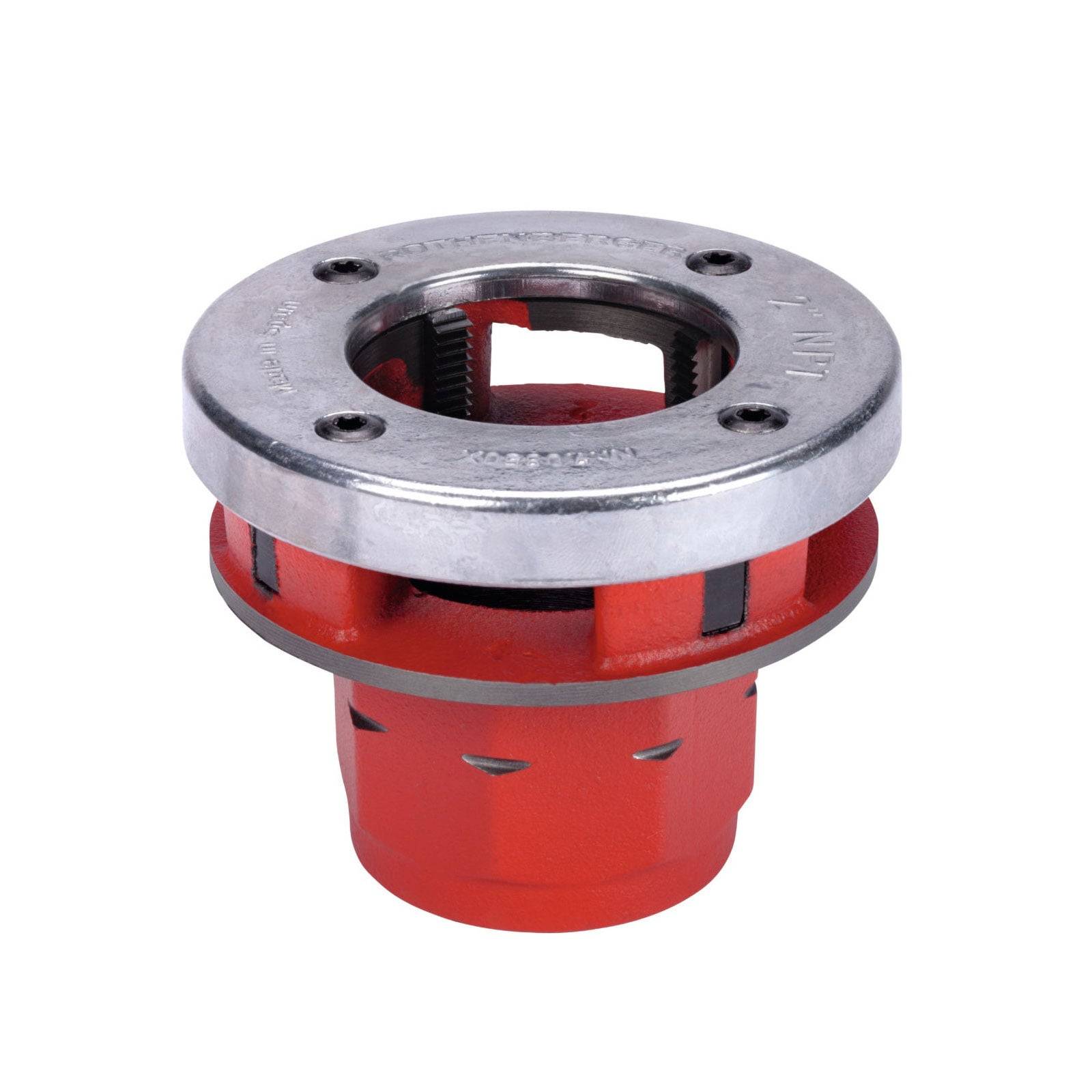 Rote und silberne Stahlrohrgewindeschneideköpfe mit Schneidklingen, verwendet zum Gewindeschneiden von Metallrohren.