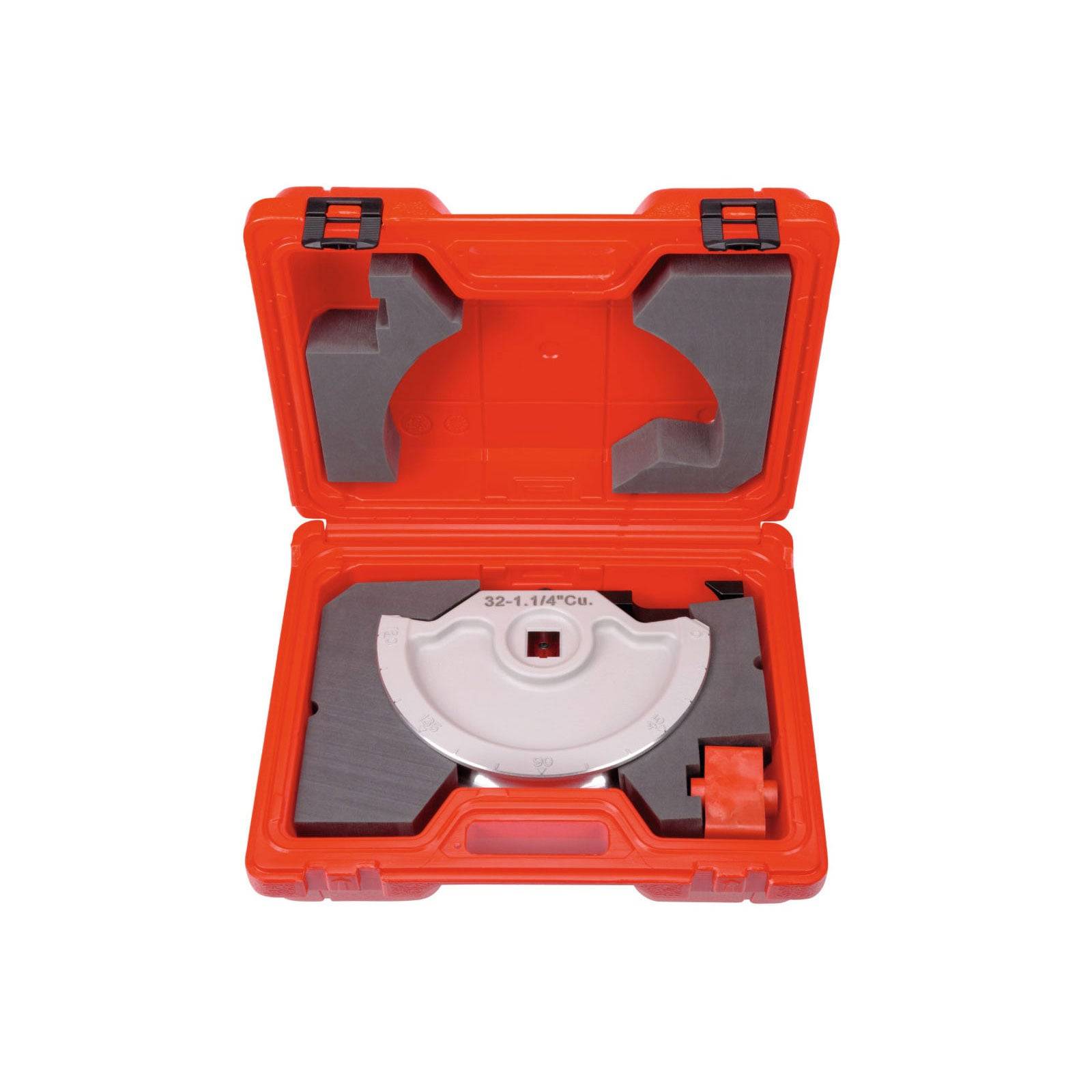 „Hartkunststoff-Transportkoffer mit Schaumstoff-Innenseite, der ein rundes Sägeblatt mit der Aufschrift 32-1-1/4 Zoll in einem rot-grauen Farbschema aufbewahrt.