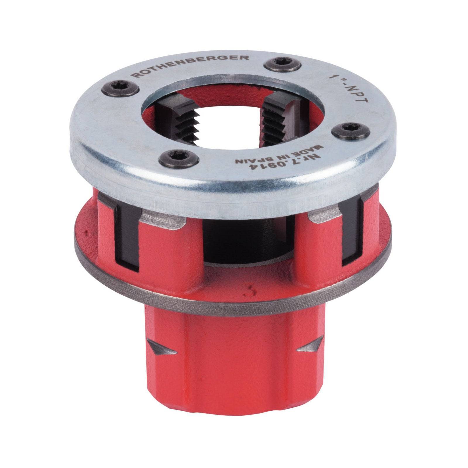 Ein Metallrohrabschneidwerkzeug mit einer silbernen Abdeckung, beschriftet mit 'Rothenberger 1