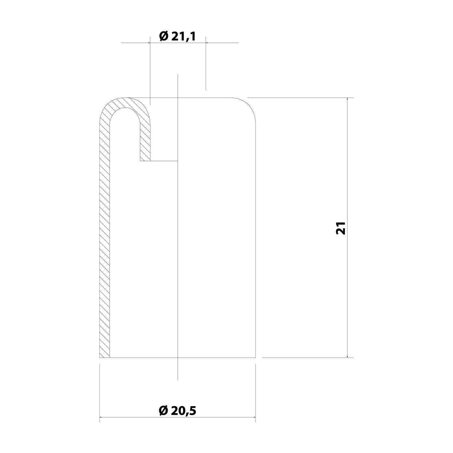 Technische Zeichnung eines zylindrischen Objekts mit einer Höhe von 21 Einheiten, einem Innendurchmesser von 21,1 Einheiten und einem Außendurchmesser von 20,5 Einheiten.
