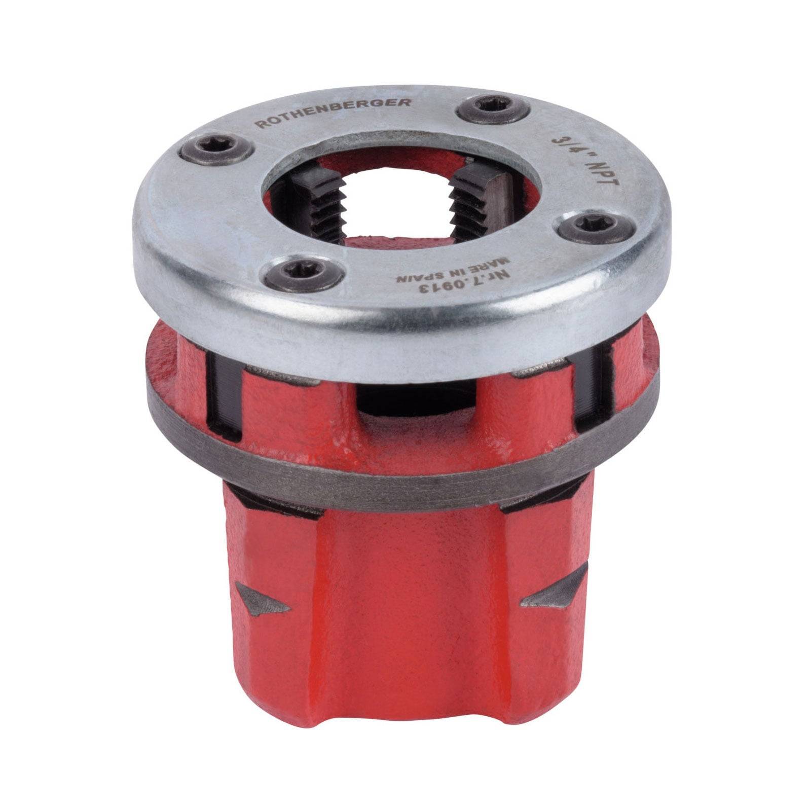 Rot-und silberfarbene Rohrlochschneidemaschine mit der Markenbezeichnung 'Rothenberger', die oben sichtbar ist.