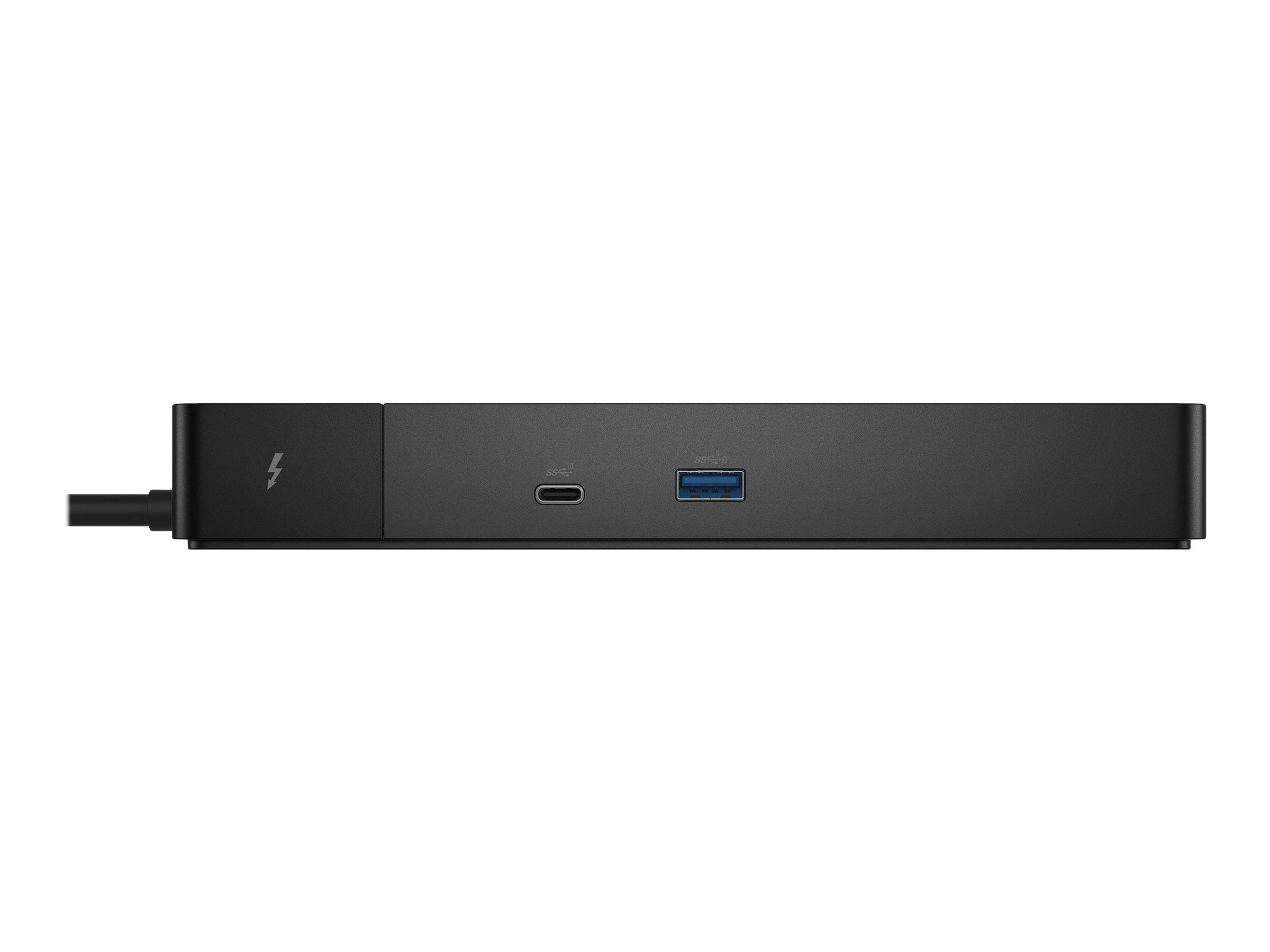 Seitenansicht einer schwarzen Dockingstation oder eines Hubs mit einem Stromsymbol, USB-C-Anschluss und blauem USB-A-Anschluss auf der Vorderseite.