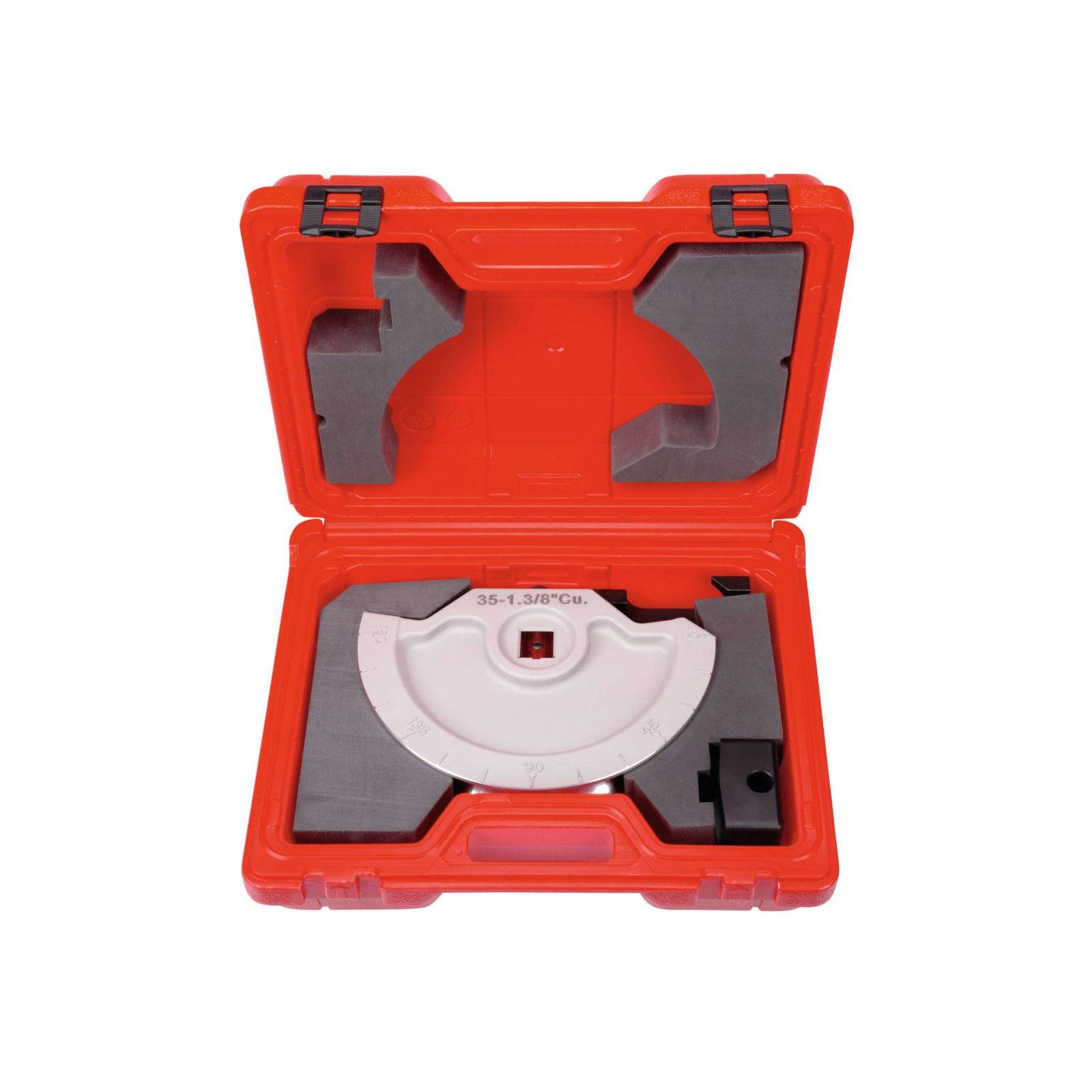 Offener orangefarbener Transportkoffer mit einem Lochsägenblatt-Set und Schaumstoff-Einsätzen zum Schutz.