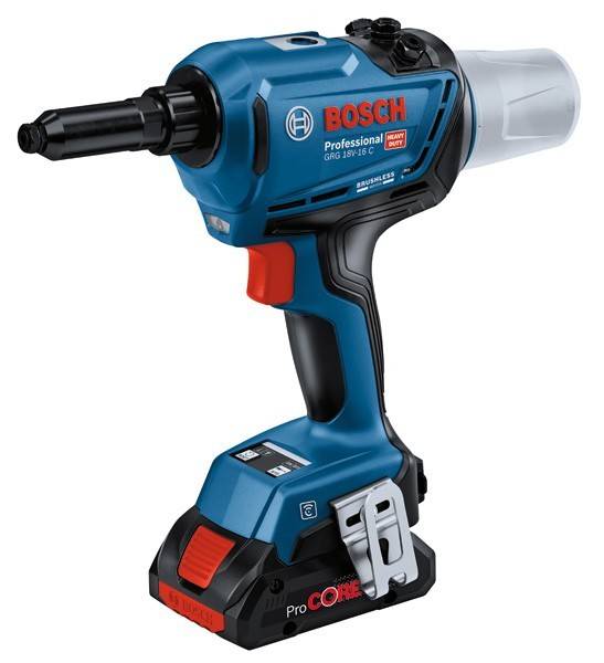 Ein blauer Bosch Professional Akku-Leistungswerkzeug mit schwarzem Griff, beschriftet mit 'GRG 18V-16 C'. Er enthält einen Bosch-Akku und einen Auslöseknopf.