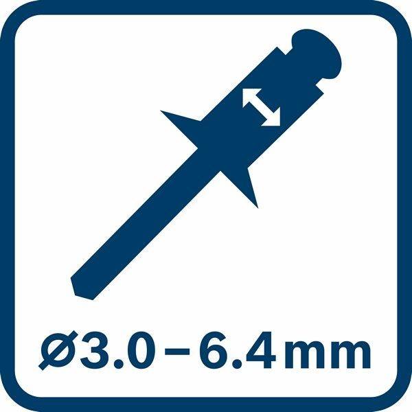 Symbol mit einem Nietwerkzeug und einem doppelköpfigen Pfeil, der den einstellbaren Größenbereich von ‚Ø3,0–6,4 mm' anzeigt.