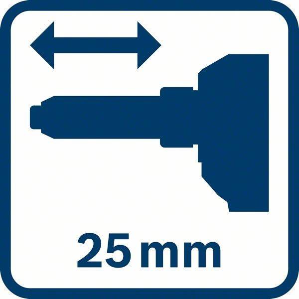 Ein Symbol mit einem Bohrereinsatz und einem doppelköpfigen Pfeil, der eine Länge von 25 mm anzeigt.