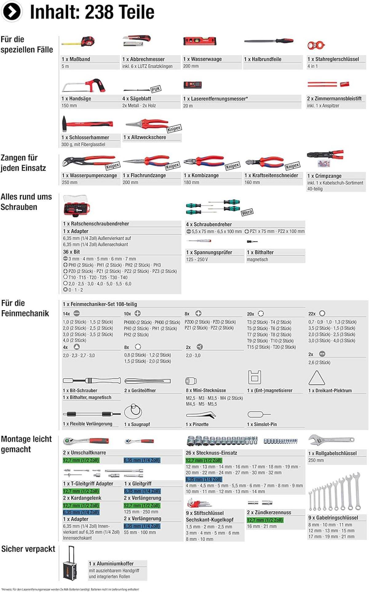 Meister Werkzeugtrolley 238-teilig Knipex&Wera fahrbar auf Rollen Werkzeugkoffer