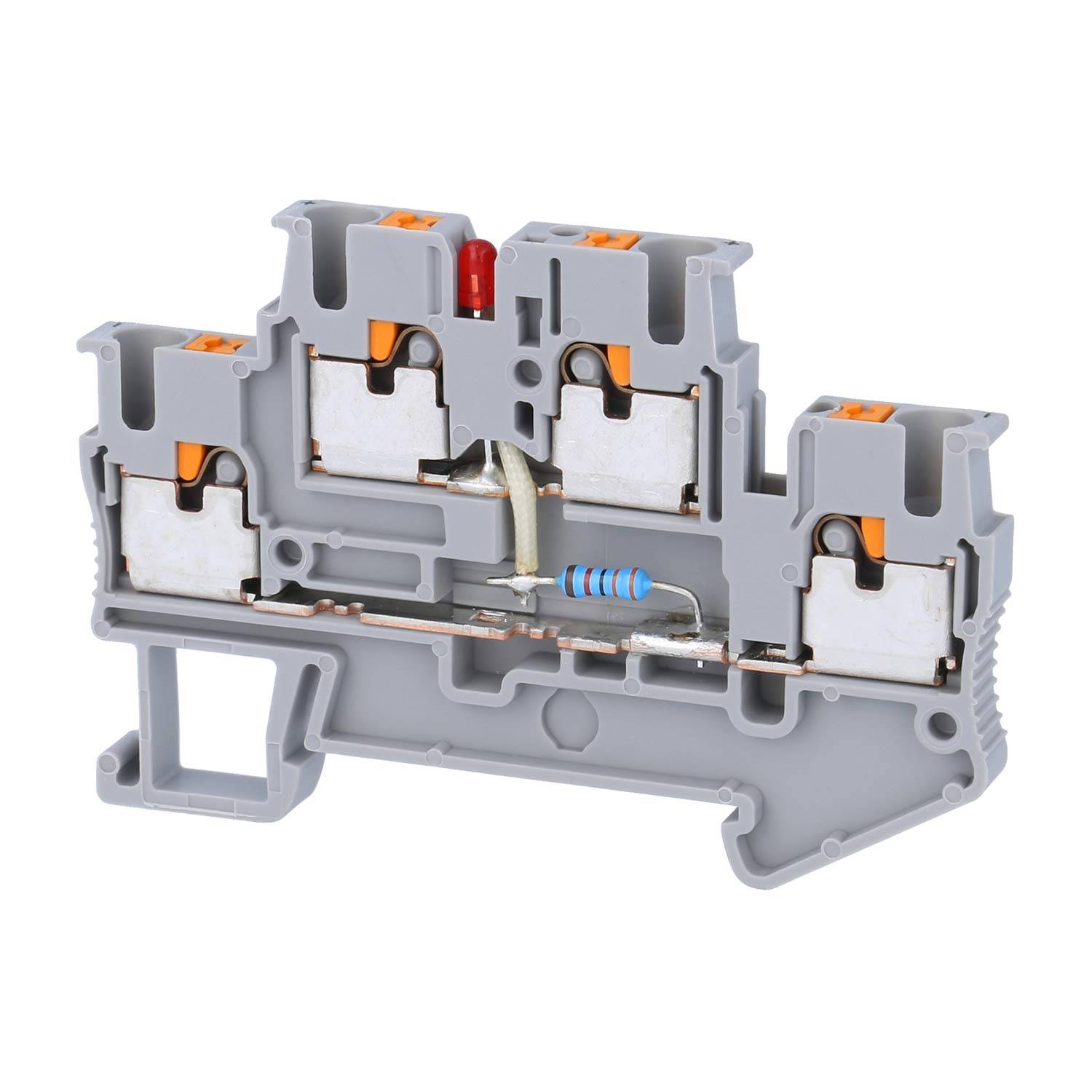 Ein grauer Klemmenblock mit drei Anschllusspunkten, ausgestattet mit einer roten Anzeigelampe und einem blauen Widerstand, der in elektrischen Schaltungen verwendet wird.