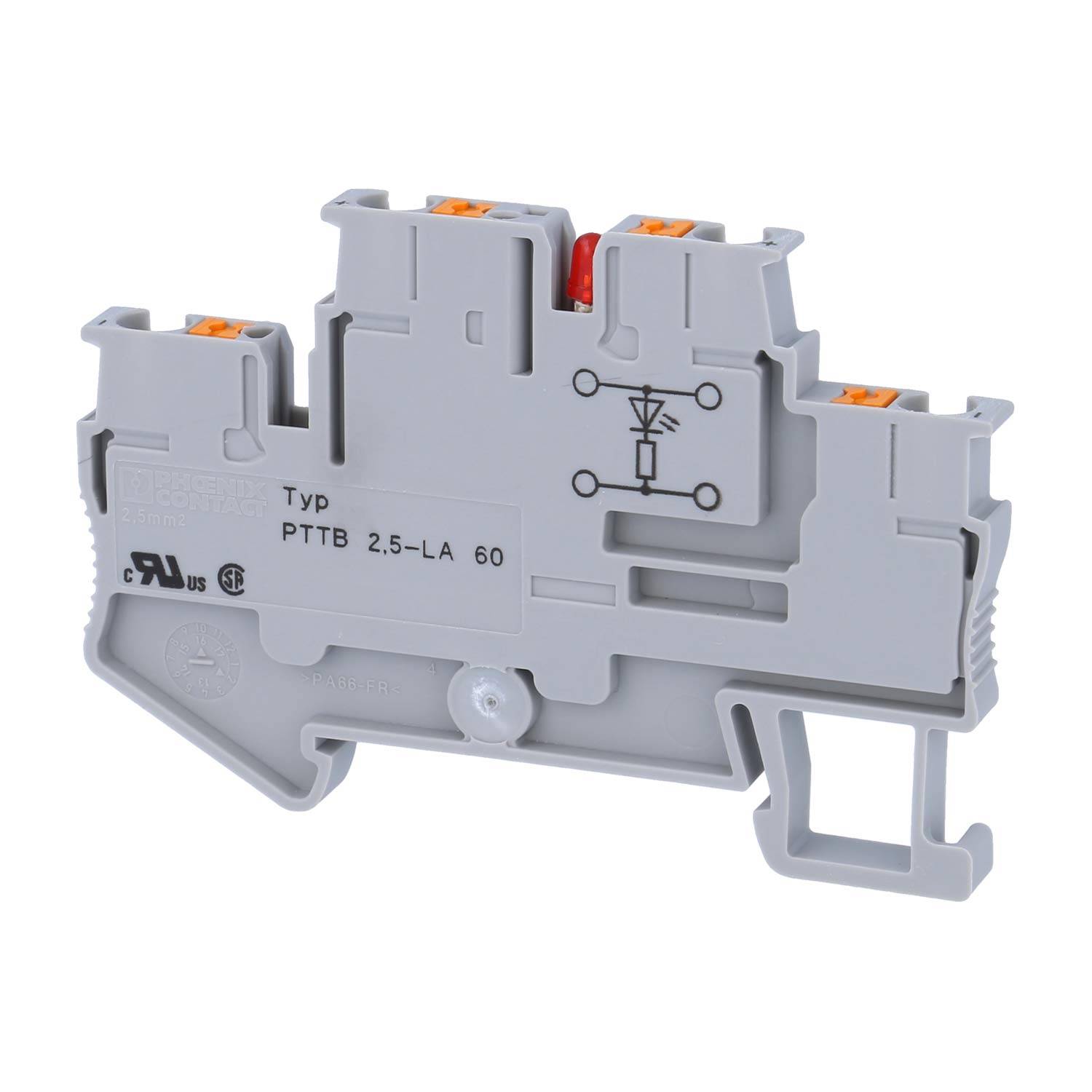 Phoenix Contact Dioden-Doppelstockklemme PTTB 2,5-LA60 RD mit Leuchtanzeige für 30-60V, Push-In-Anschluss Nennspannung