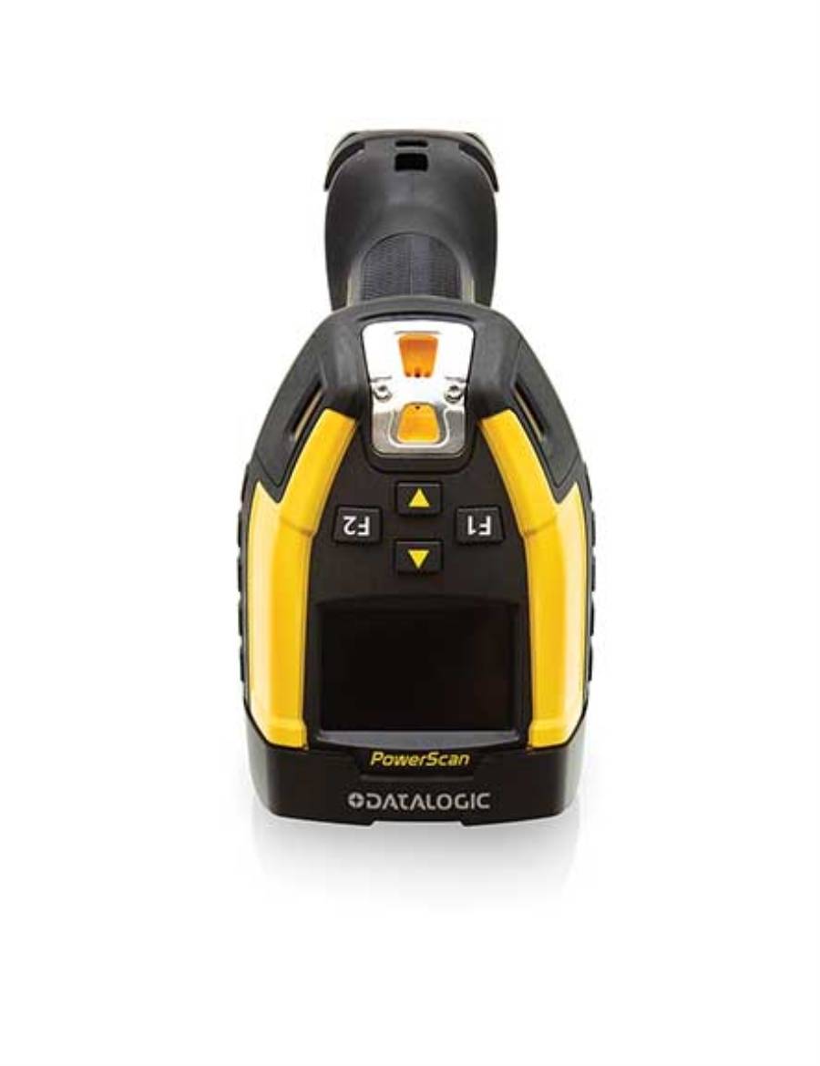 Tragbarer Barcodescanner mit gelb-schwarzem Gehäuse, Display an der Vorderseite, Scantasten und 'PowerScan'/'DATALOGIC'-Branding auf weißem Hintergrund.