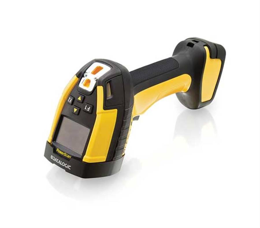 Tragbarer gelb-schwarzer Barcode-Scanner mit Pistolengriff und kleinem Display, auf weißem Hintergrund dargestellt.