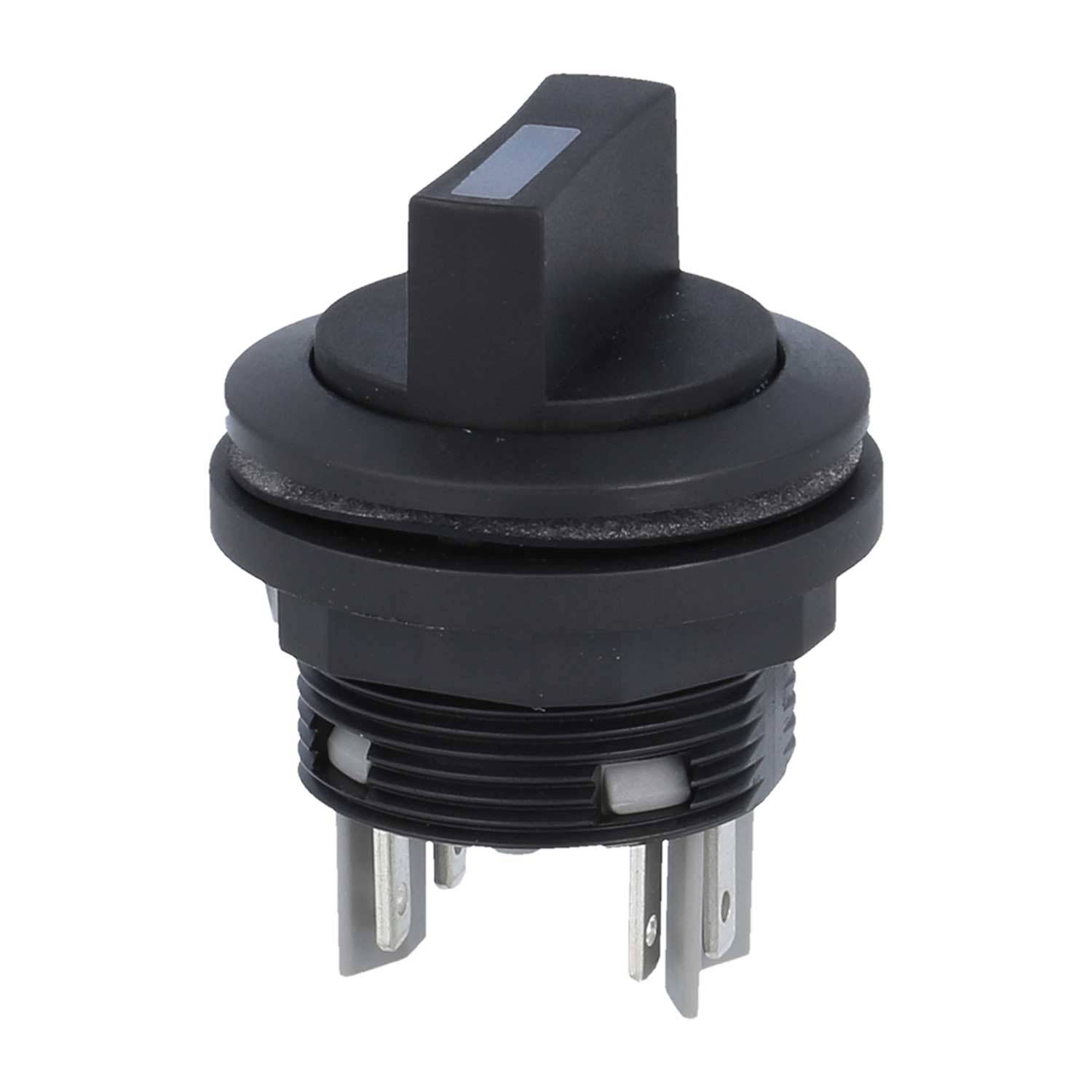 Ein schwarzer, kreisförmiger Kippschalter mit vertikalem Hebel und drei Metallzacken am Boden, der für elektrische Anwendungen verwendet wird.