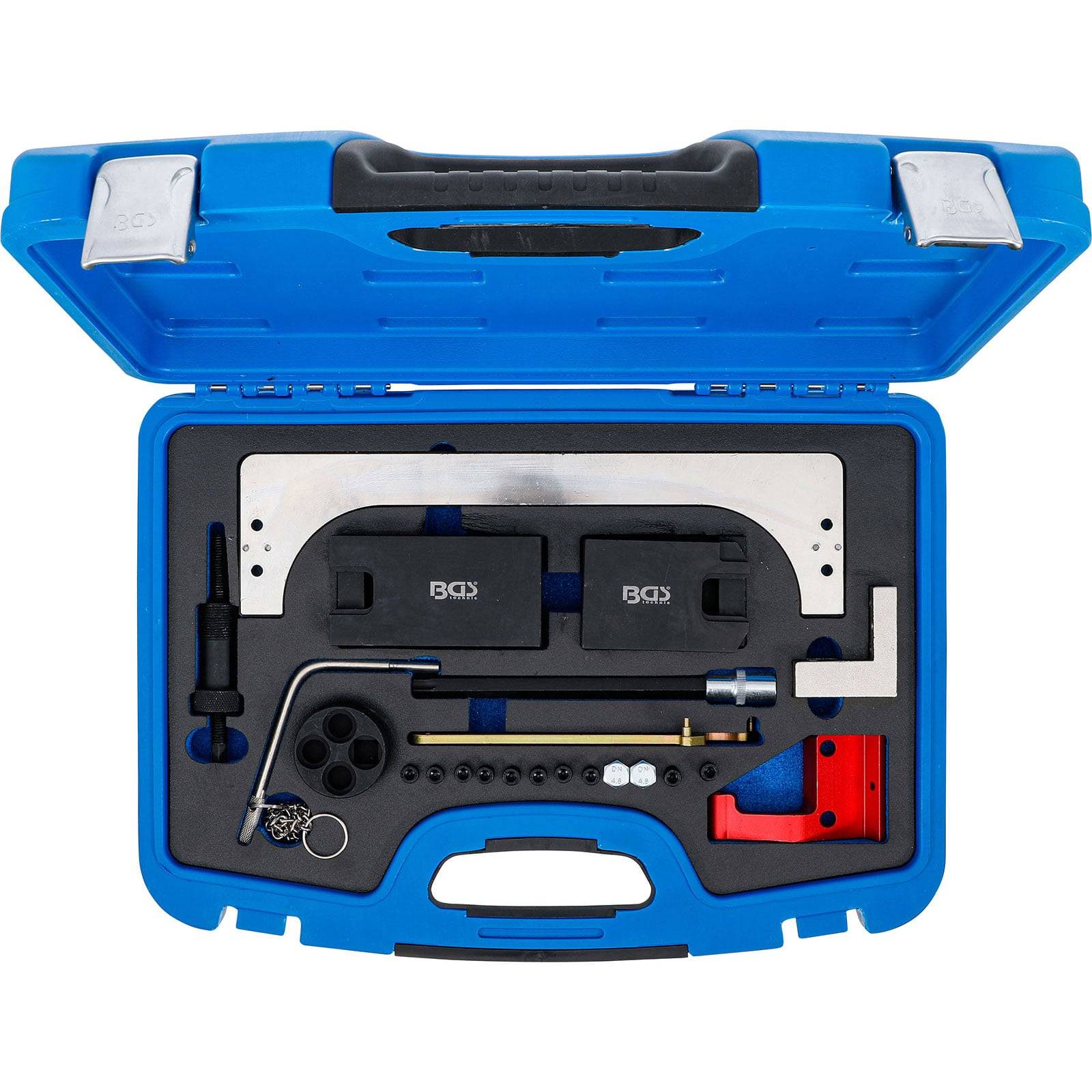 Eine blaue Werkzeugkiste mit verschiedenen Präzisionsmechanikerwerkzeugen, die in einem geformten Kunststoffkoffer organisiert sind und für die Wartung von Maschinen verwendet werden.