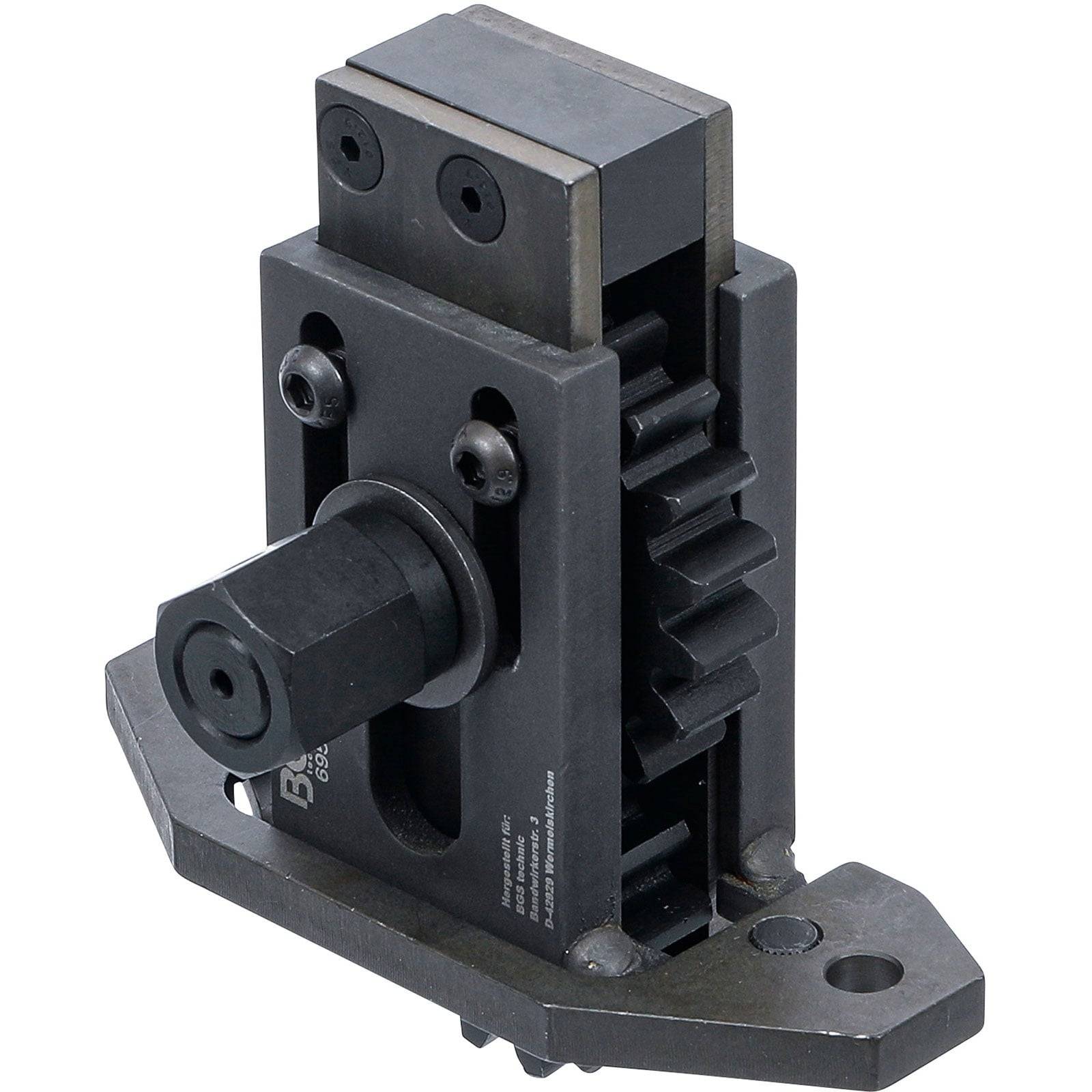 Ein industrielles Metallinstrument mit einem Zahnradmechanismus, ausgestattet mit einem Hebel und einer Montageplatte, das für präzise Maschineneinstellungen verwendet wird.