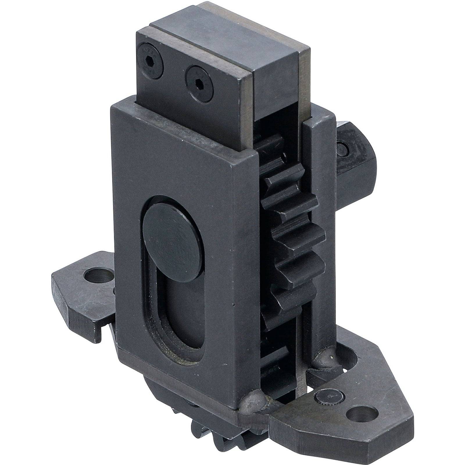 Ein schwarzes mechanisches Teil mit Blockstruktur, mit sichtbaren Zahnrädern und Montagelöchern, das für den Einbau in Maschinen oder Ausrüstung verwendet wird.