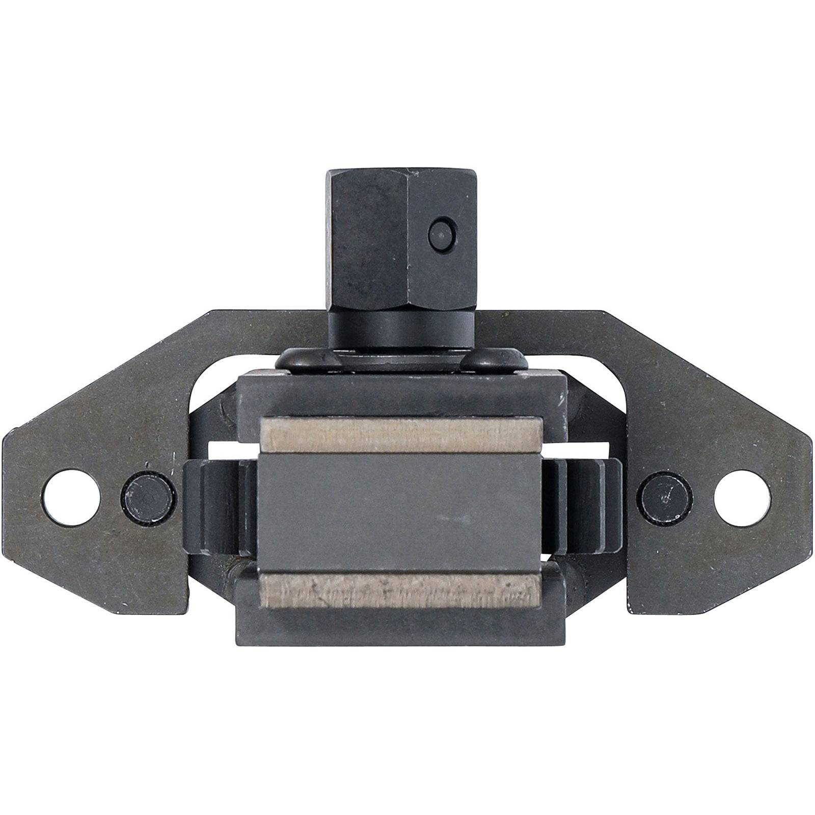 Metallschienenzaunhalterung mit einem rechteckigen Griff und zwei Befestigungslöchern zum sicheren Anbringen von Zaunpaneelen.