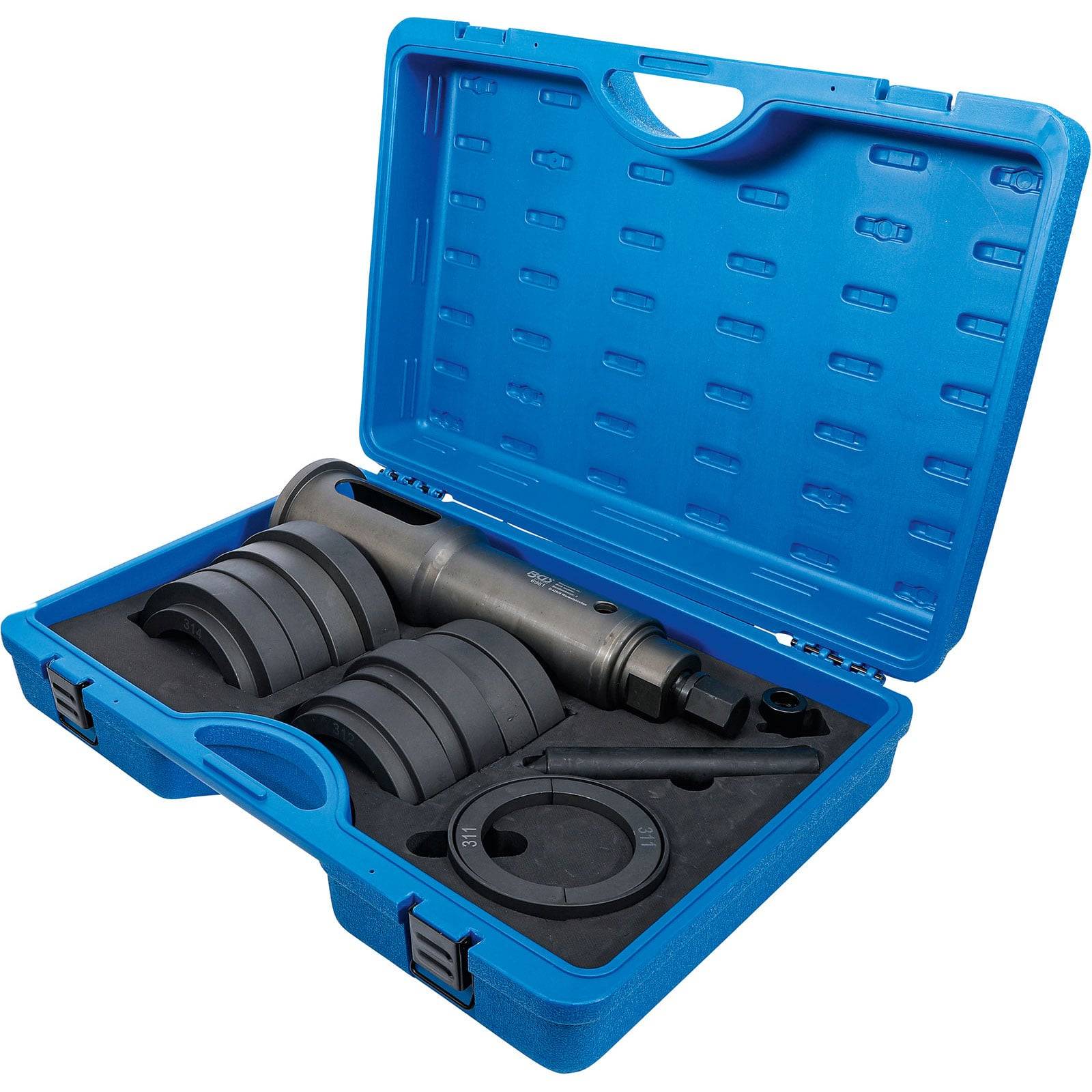 Eine blaue Plastikbox wurde geöffnet und zeigte einen Lagerzieher-Satz, der verschiedene Adapter und ein Hauptwerkzeug zum Entfernen von Lagern umfasst.