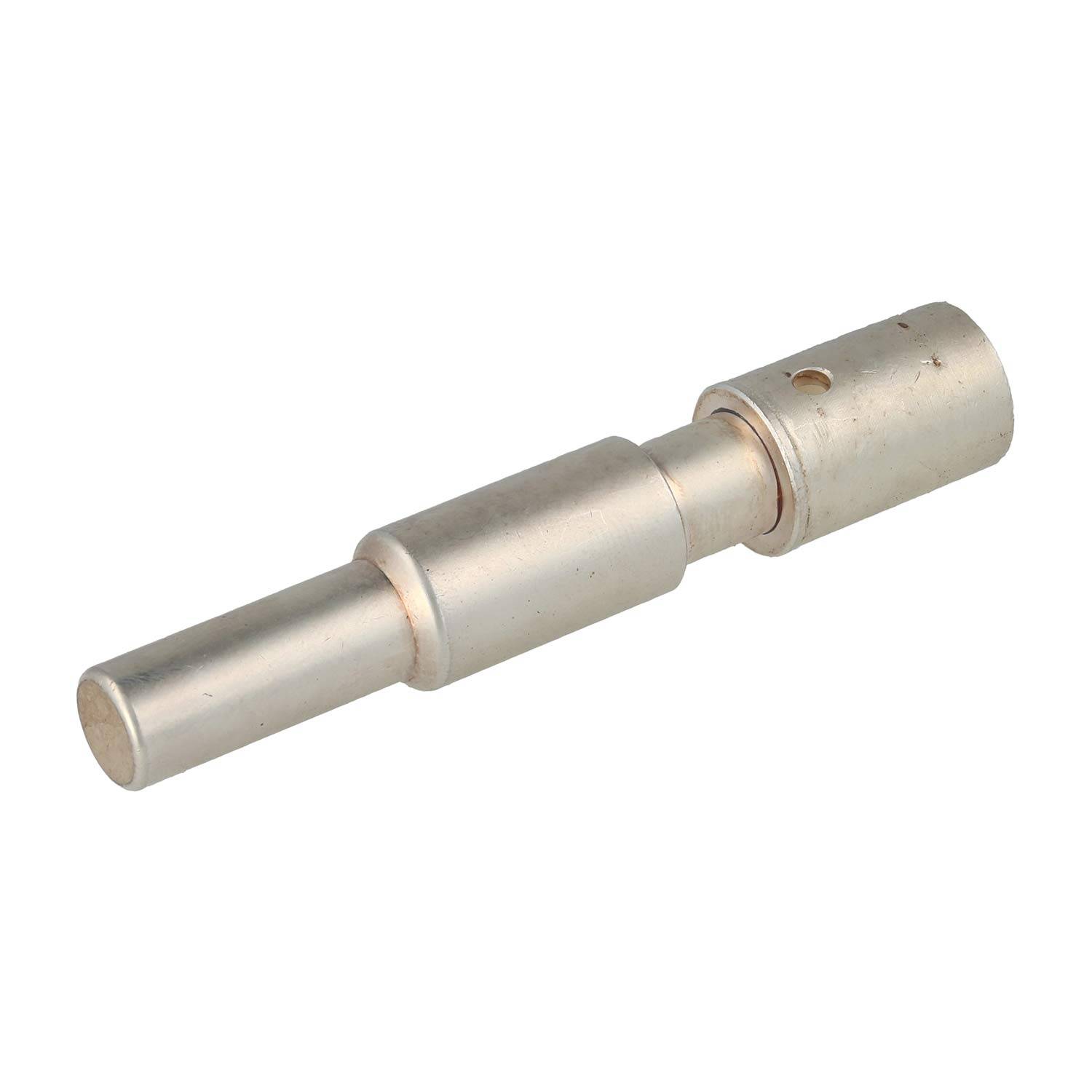 Ein metallisches zylindrisches Bauteil mit unterschiedlichen Durchmessern und gebohrten Löchern, möglicherweise zur Verwendung in Maschinen oder als Teil einer Baugruppe.