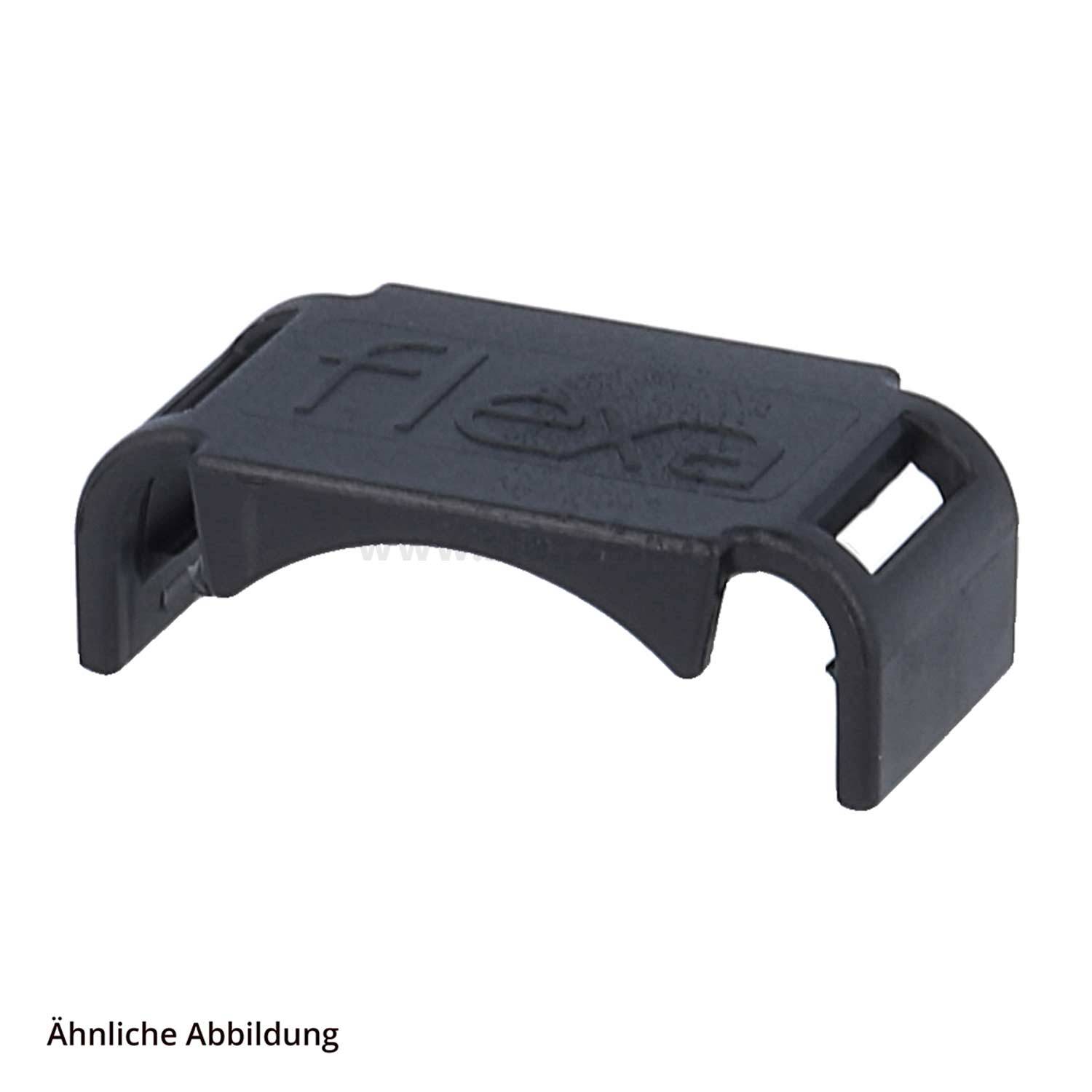 Ein schwarzer Kunststoffclip mit der Aufschrift „Flex