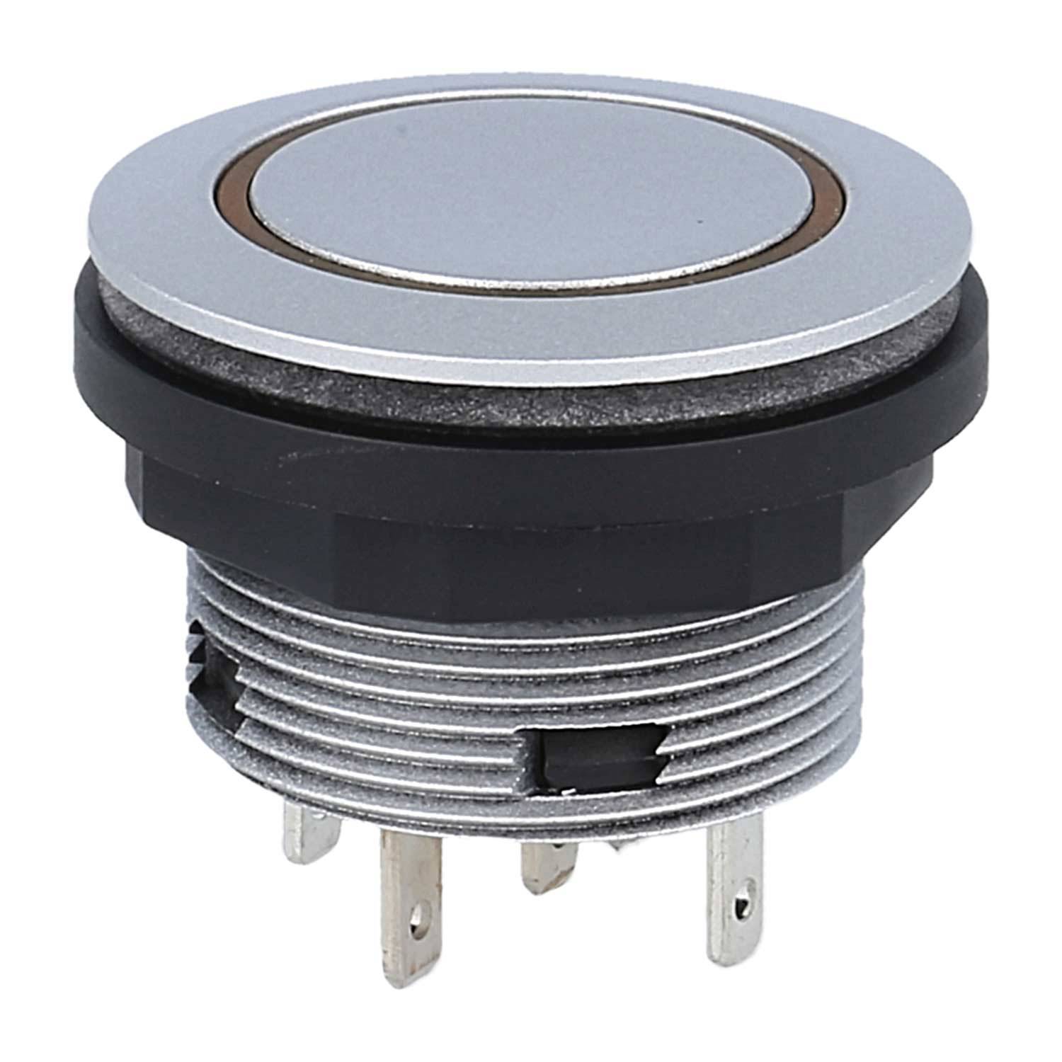 Ein runder, metallischer Drucktastenschalter mit silberner Oberfläche und schwarzem Ring, der mehrere Anschlussbolzen darunter zeigt, der für elektronische Geräte verwendet wird.