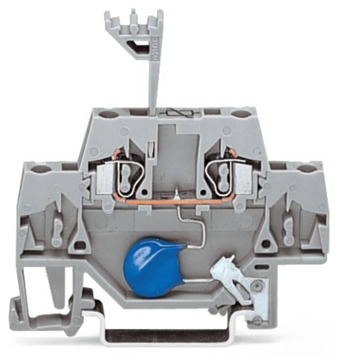 Ein grauer elektrischer Anschlussblock mit einem blauen Hebel und Kupferanschlüssen, der entwickelt wurde, um zwei Drähte sicher zu klemmen.