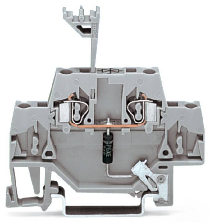 Ein grauer Elektroklemmenblock mit sichtbarer Innenverdrahtung und Komponenten, verwendet zum Verbinden und Sichern von Drähten in elektrischen Systemen.