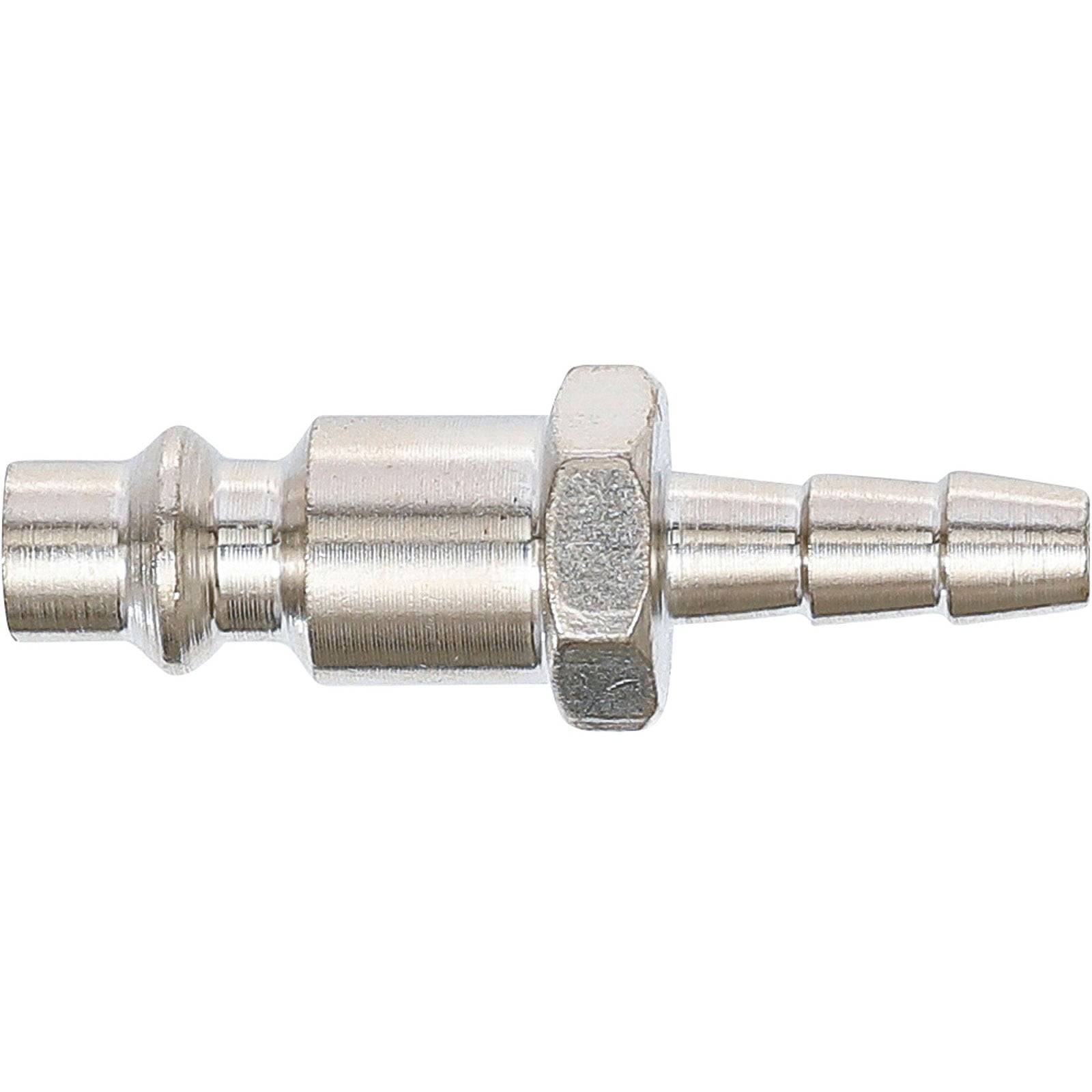 Metallschlauchstutzen mit Sechskantmutter, verwendet zum sicheren Verbinden von Schläuchen. Silberfarben, zeigt Gewindeverbindung und Schlauchtülle für einen festen Sitz.