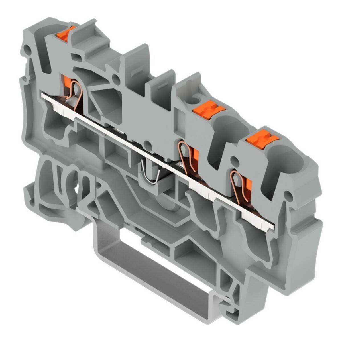 Ein grau-oranger Elektroanschlussblock mit zwei Anschlusspunkten und einer Montagebasis.