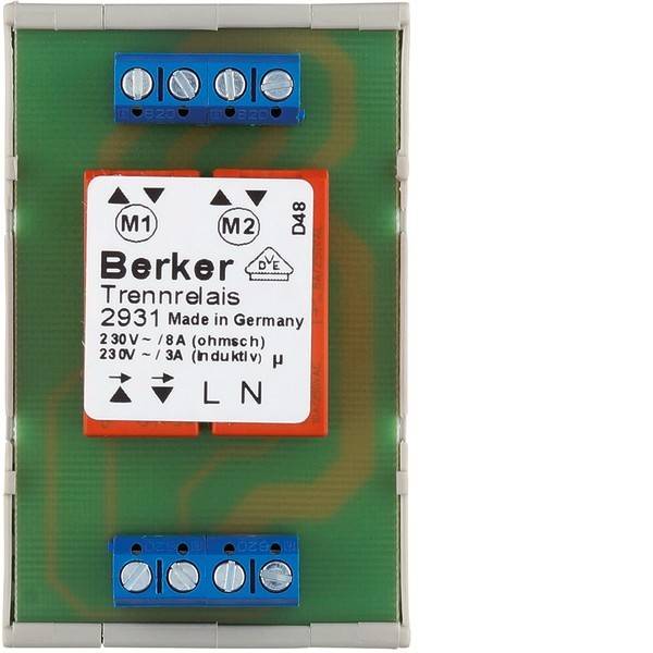 Elektrisches Relais mit der Bezeichnung 'Berker Trennrelais 2931', mit Anschlusspunkten M1 und M2, Nennspannung 230V, 8A, hergestellt in Deutschland.