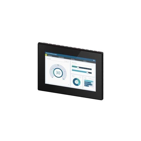 Touchscreen mit Energieverbrauchsdaten, auf dem ein Kreisdiagramm 30% zeigt, Balkendiagramme und zusätzliche Informationen zur Nutzung dargestellt sind.
