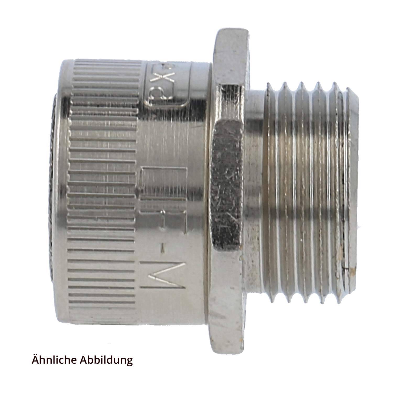 Ein Metallkoaxialkabelanschluss mit einer Gewindesektion zur Befestigung, mit der Bezeichnung 