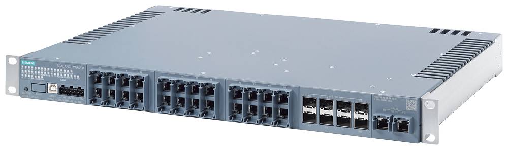 Netzwerk-Switch mit mehreren Ports zum Anschluss von Geräten und zwei Uplink-Ports für Datentransfer