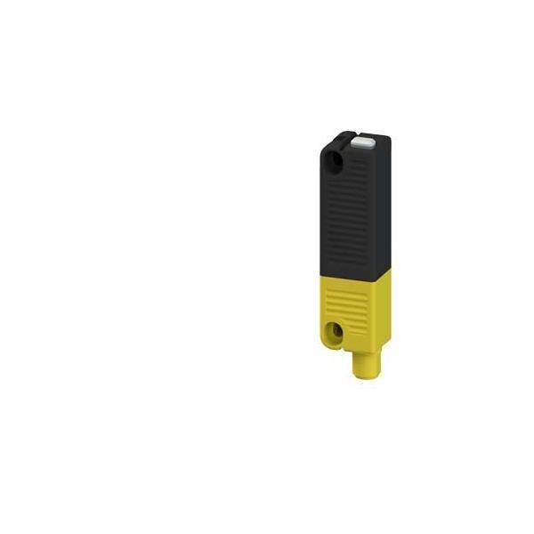 Ein gelber und schwarzer industrieller Sensor mit rechteckiger Form und zylindrischem Anschluss am unteren Ende.