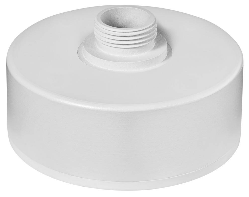 Eine weiße Deckenhalterung für Kameras mit einer zylindrischen Basis und einem Gewinde-Anschluss oben, die zum sicheren Befestigen von Überwachungskameras verwendet wird.