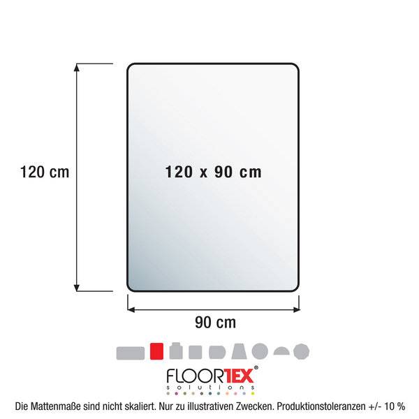 Diagramm einer rechteckigen Matte mit den Maßen 120 x 90 cm, wobei die Höhe 120 cm und die Breite 90 cm beträgt, und das FLOORTEX-Logo darunter.