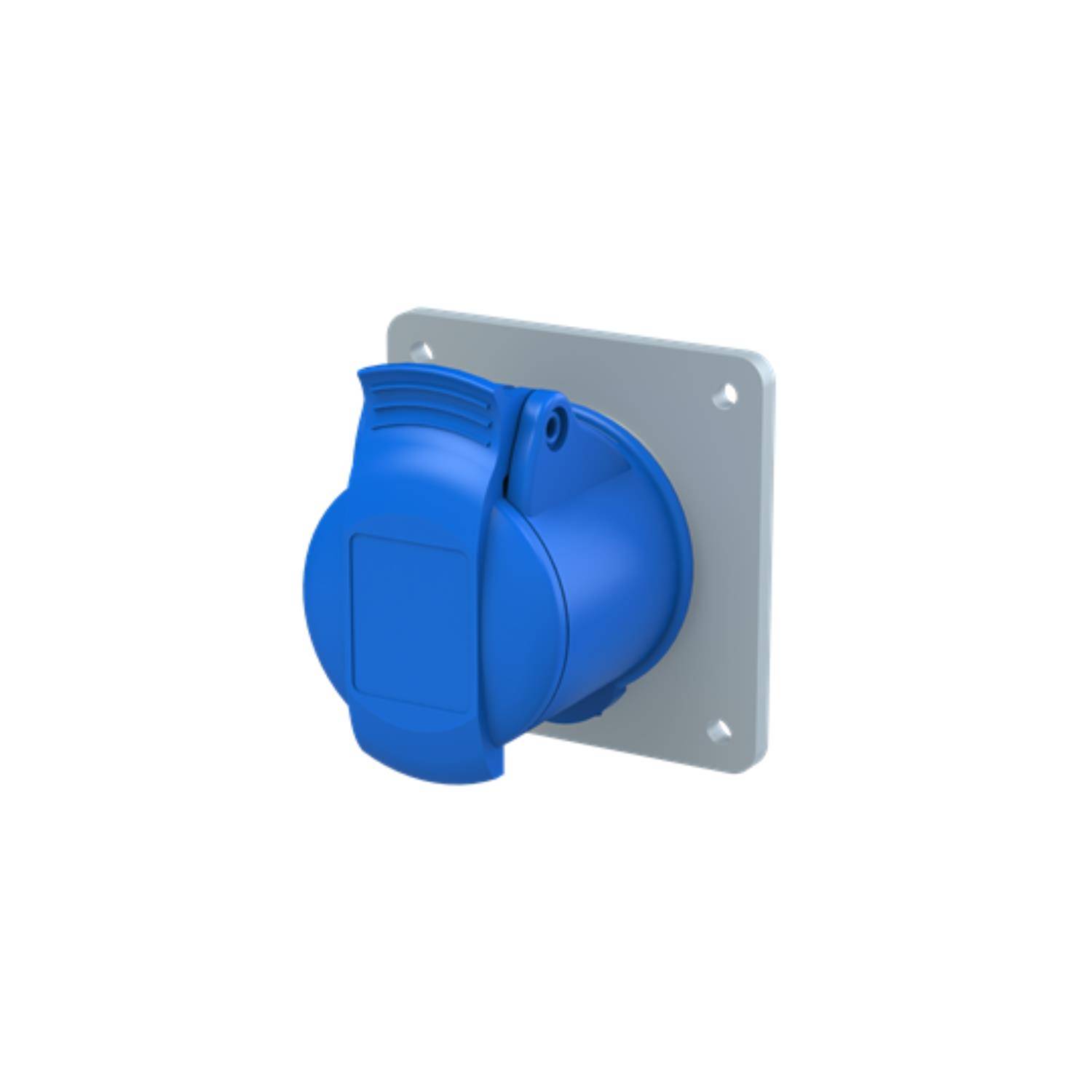 Eine blaue industrielle Wandsteckdose mit Schutzabdeckung, montiert auf einer grauen quadratischen Basis.