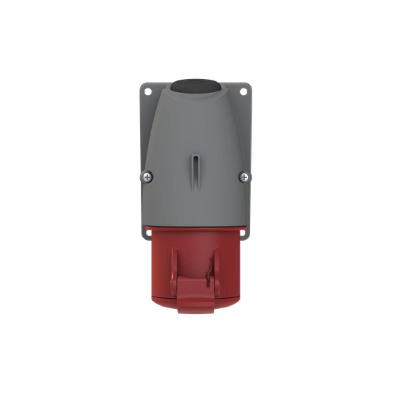 Ein roter industrieller Stromauslass auf grauer Basis, zur Wandmontage ausgelegt, von vorne betrachtet.