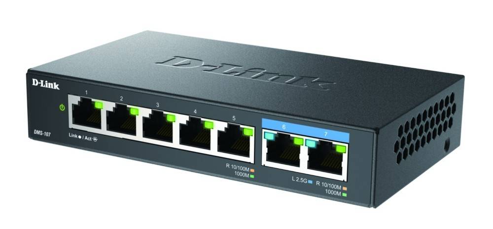 Ein schwarzer D-Link Netzwerk-Switch mit acht Ethernet-Ports. Die Ports sind von 1 bis 8 beschriftet und verfügen über grüne und blaue LED-Anzeigen.