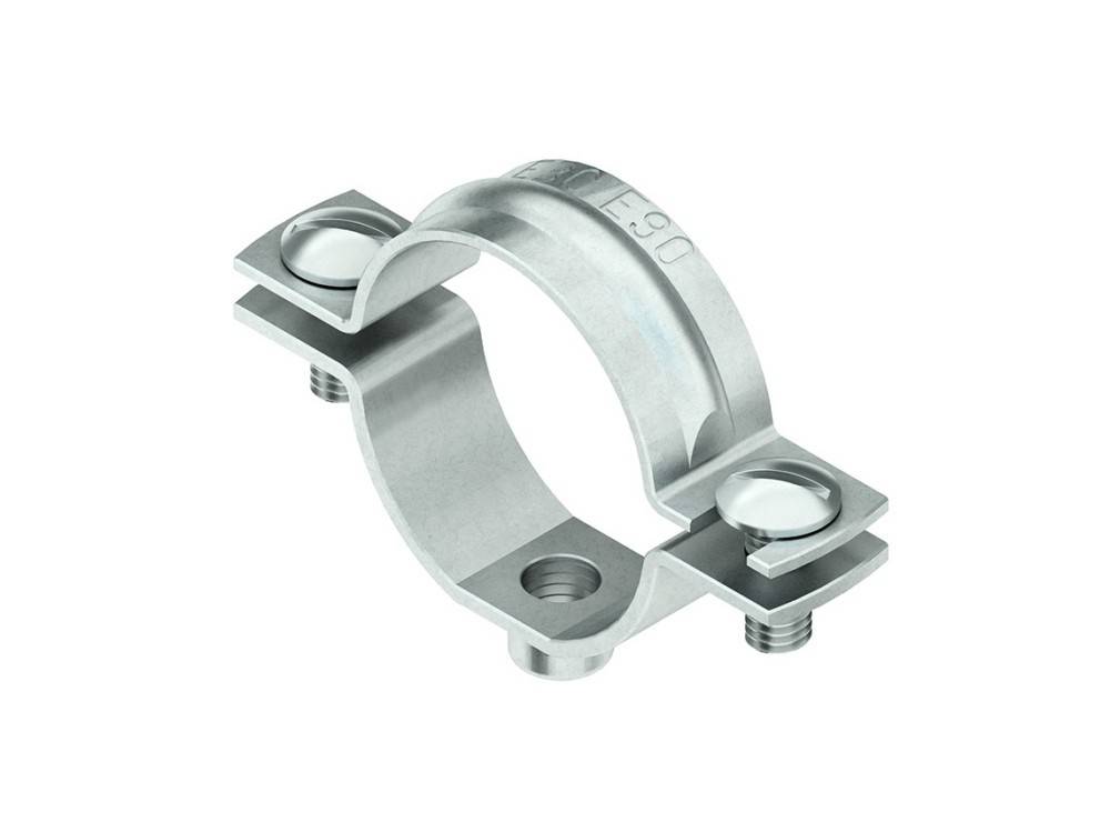 Eine metallische Rohrklemme mit U-förmigem Design und zwei Schrauben zum Befestigen von Rohren, die typischerweise in Klempner- oder Bauanwendungen verwendet wird.