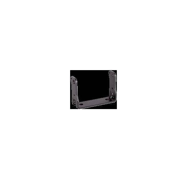 Eine schwarze Metallbefestigungshalterung mit vier Löchern, konzipiert zum Befestigen von Objekten.