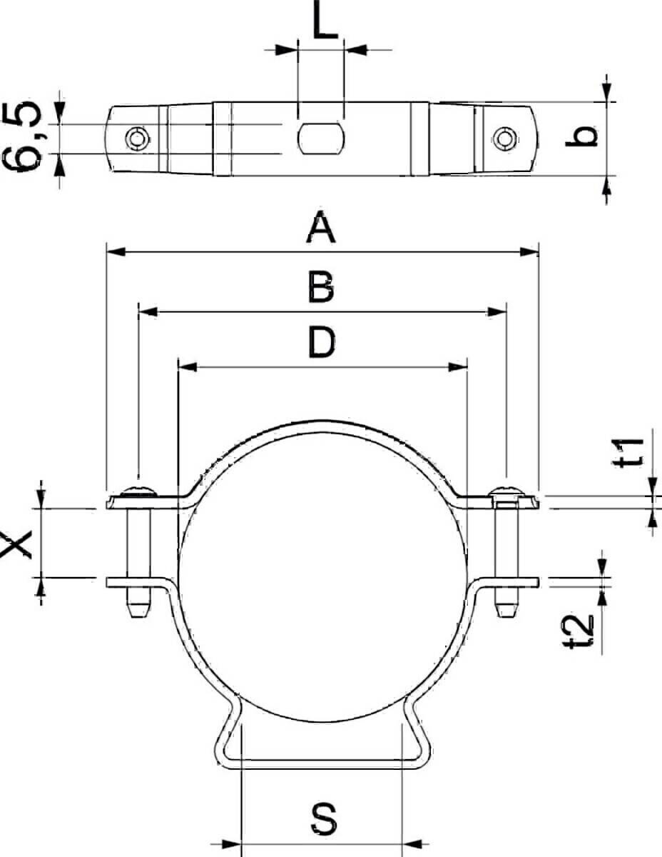 Technische Zeichnung einer kreisförmigen Rohrklemme mit beschrifteten Abmessungen: Höhe 'X', Breite 'b' und Durchmesserbereiche 'A', 'B', 'D'.