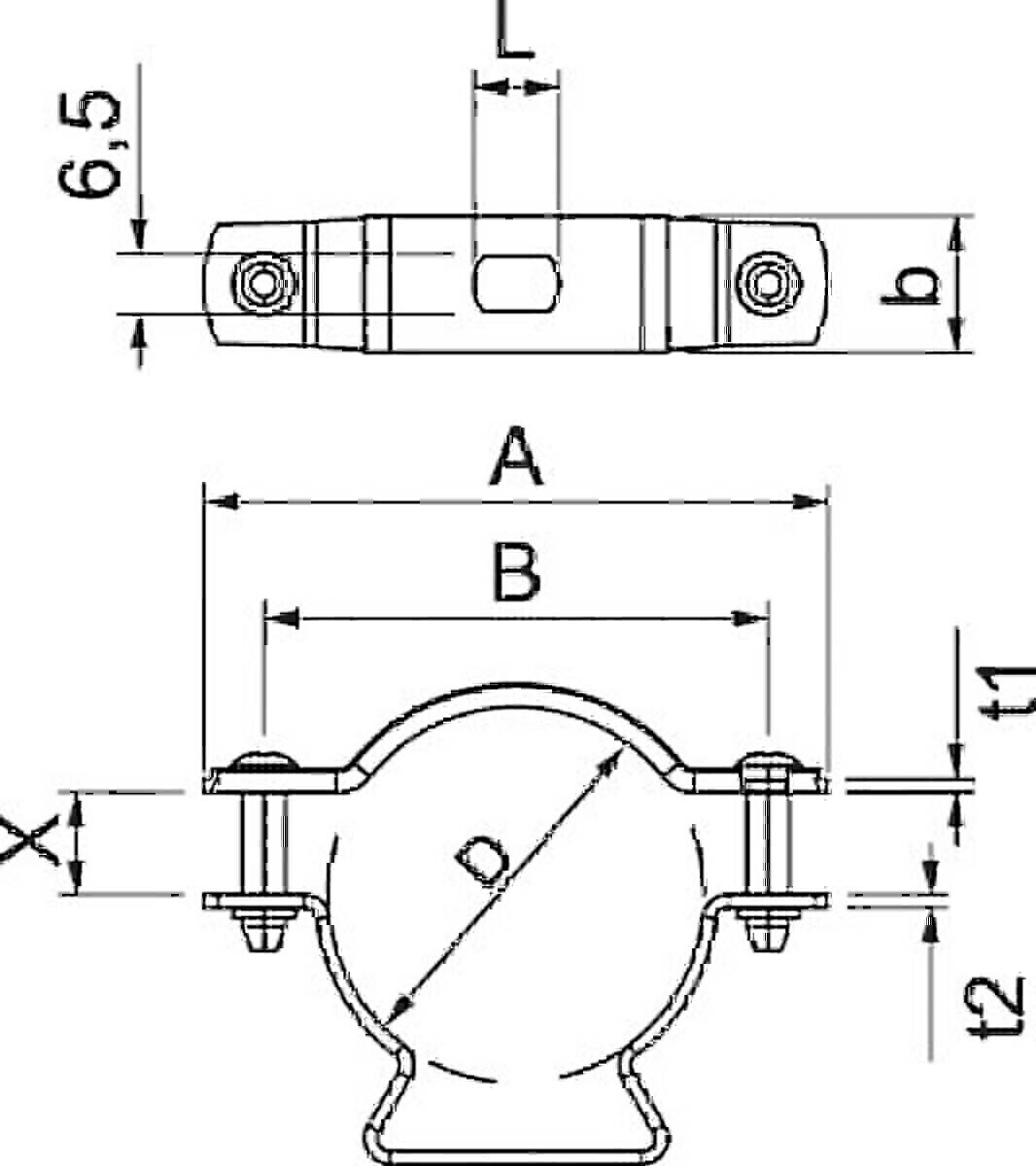 Technische Zeichnung einer Rohrschelle. Abmessungen gekennzeichnet als 'A', 'B', 'b', 't1' und 't2'. Seiten- und Draufsicht dargestellt.