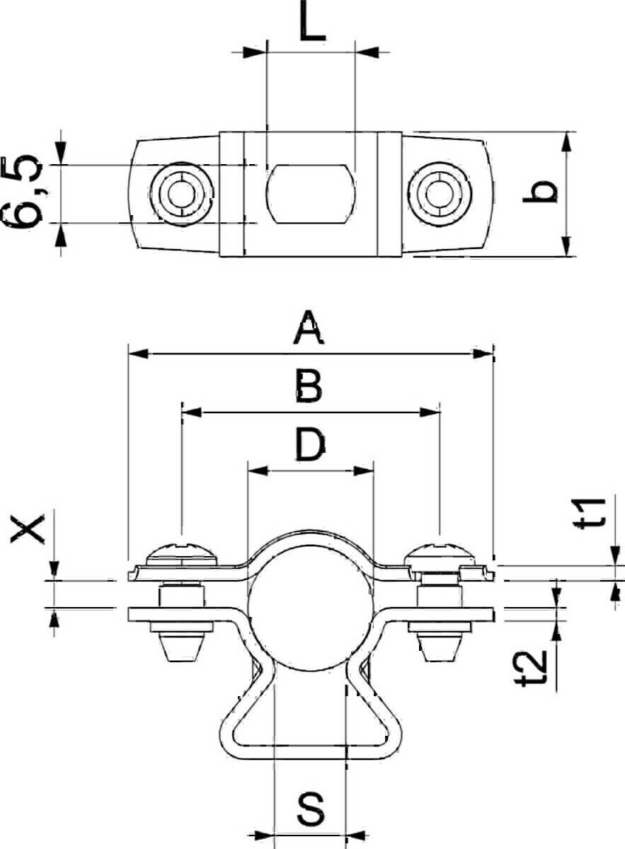 Technische Zeichnung einer Klemme mit Maßangaben. Draufsicht zeigt Breite als 'b' und Höhe als '6,5'. Frontansicht zeigt Dimensionen A, B, D, t1 und t2.
