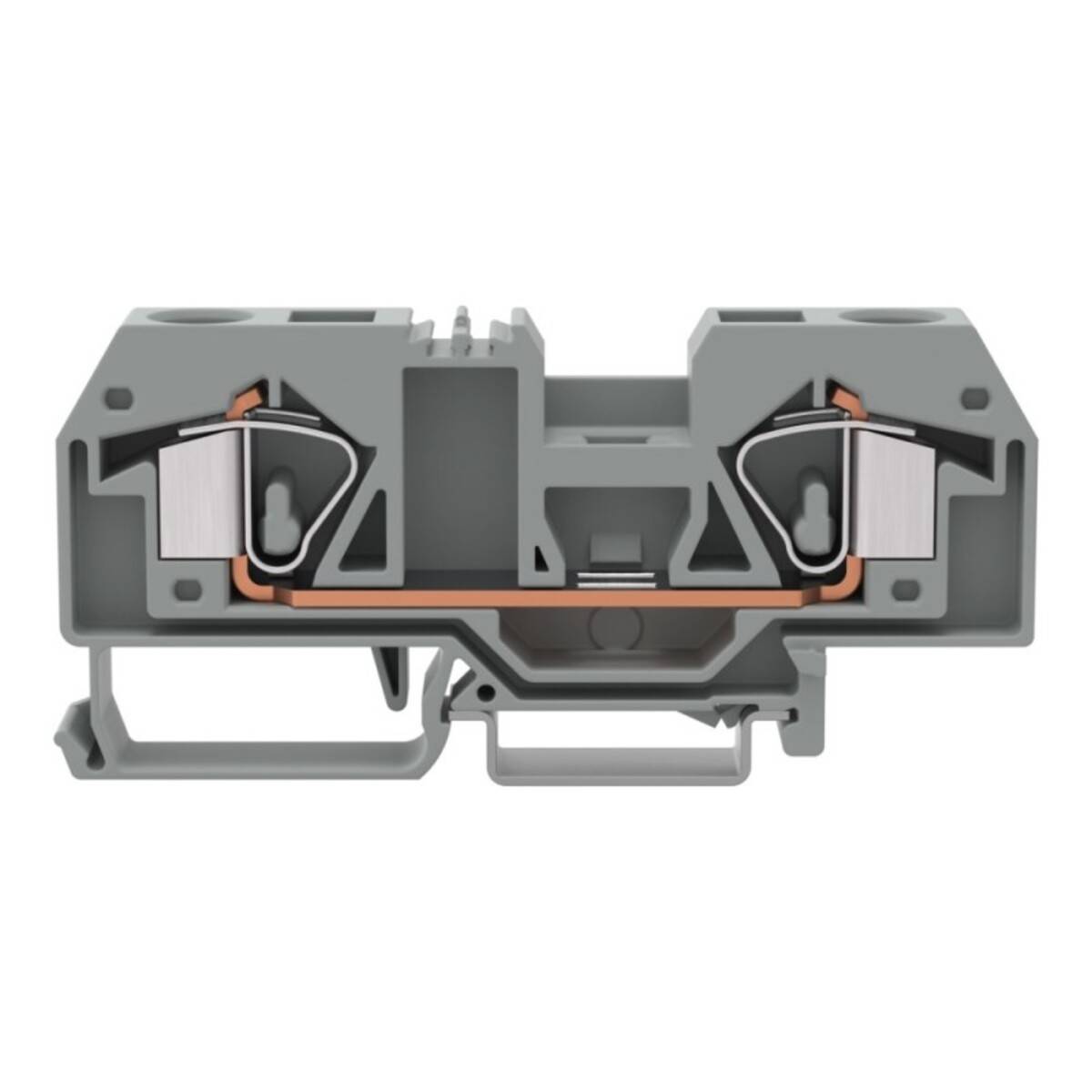 Ein grauer elektrischer Klemmblock, der einen Querschnitt seiner internen Komponenten zeigt und verdeutlicht, wo Drähte und Schrauben verbunden werden.