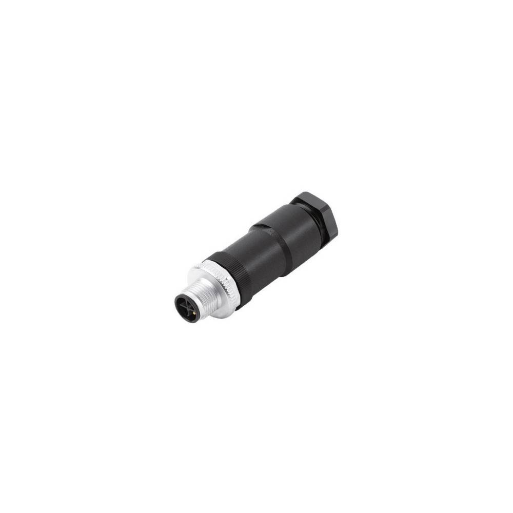 Ein schwarzer und silberner zylindrischer Stecker mit einem Gewinde am Ende, der zum Sichern von elektrischen oder Datenkabeln verwendet wird, liegt auf einem weißen Hintergrund.